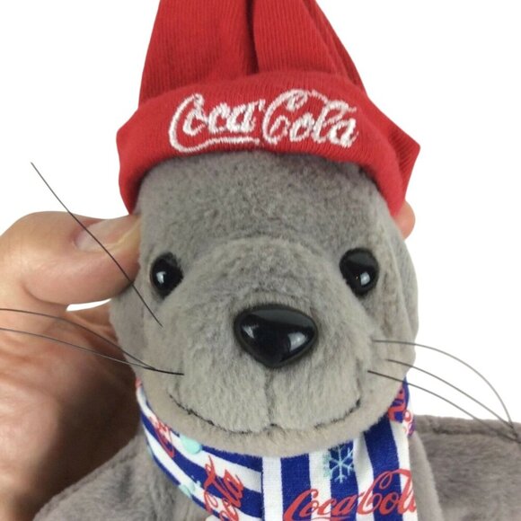 Coca-Cola 1999 Lucky The Seal Plush Toy 11 inch Gray Scarf Hat - Picture 5 of 6